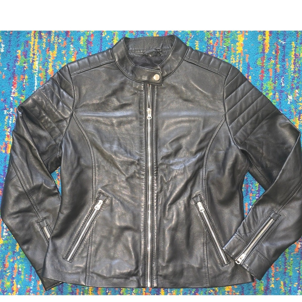 NWT Decrum Carrie Biker Jacket Black Real Lamb Leather Moto Women Large